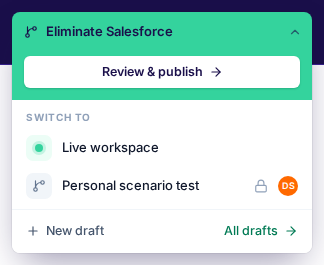 Header draft chip and workspace drafts switcher