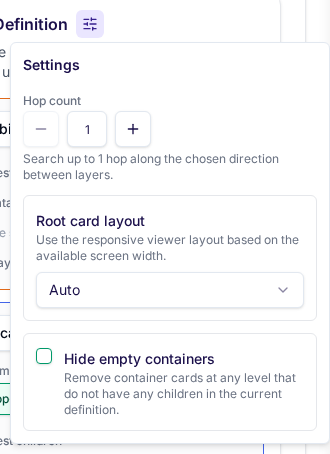 Landscape report settings showing the shared hop-count control for relation-path reports