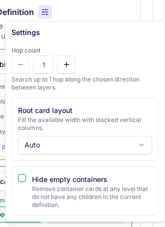 Landscape report settings showing the shared hop-count control for relation-path reports