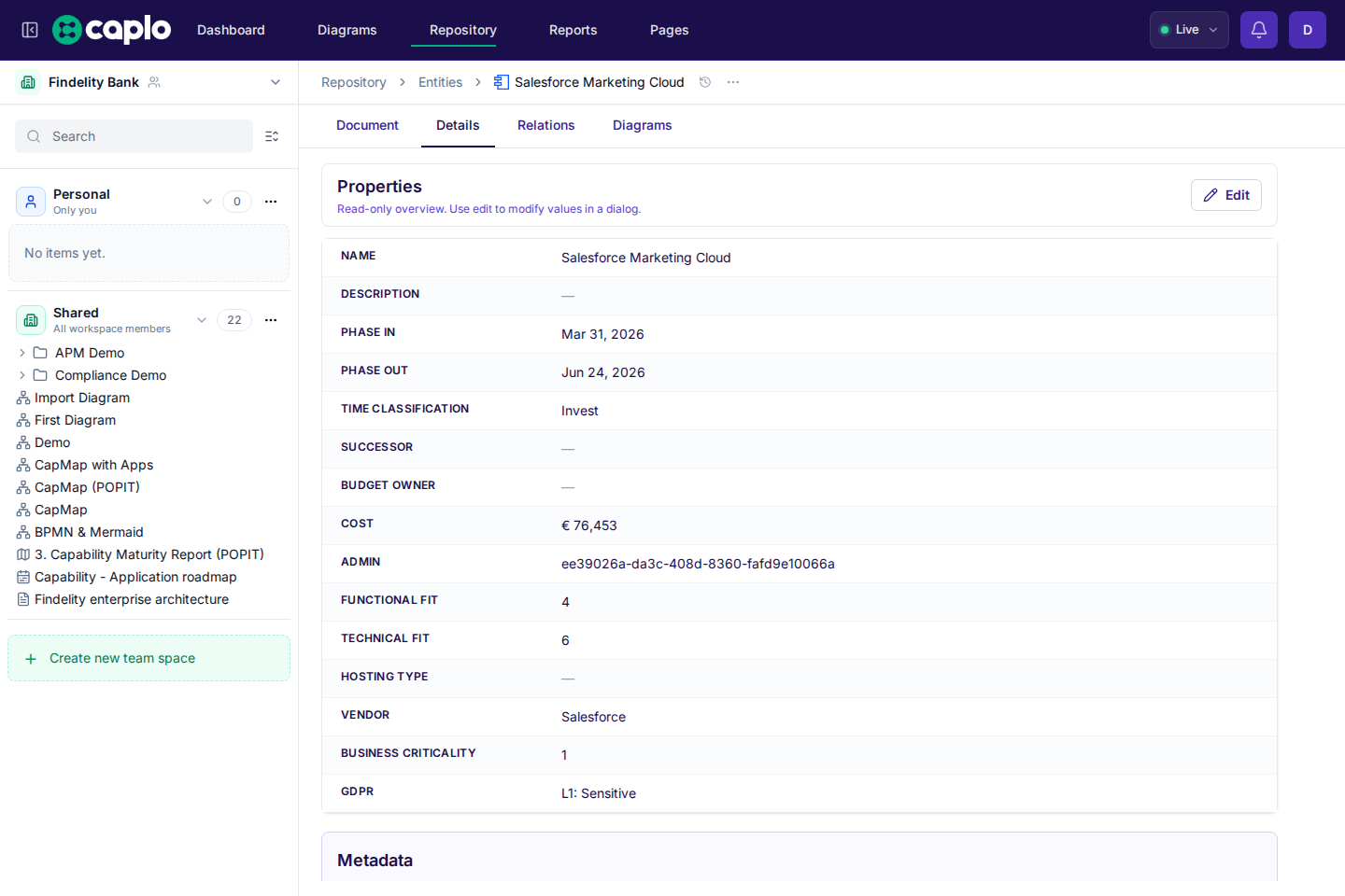 Entity detail page showing the Details tab for a repository entity