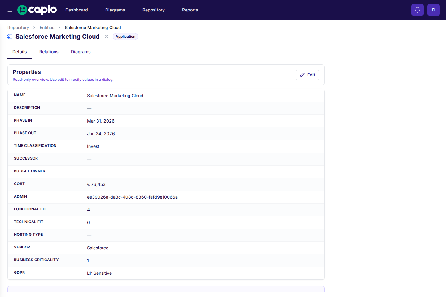 Entity detail page showing the Details tab for a repository entity