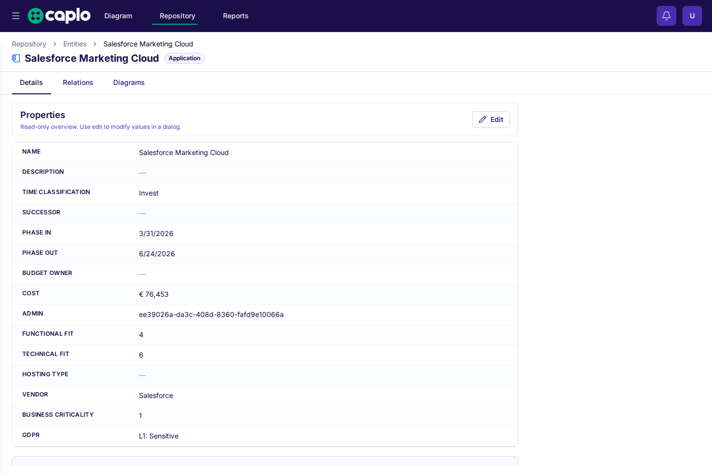 Entity detail page showing the Details tab for a repository entity