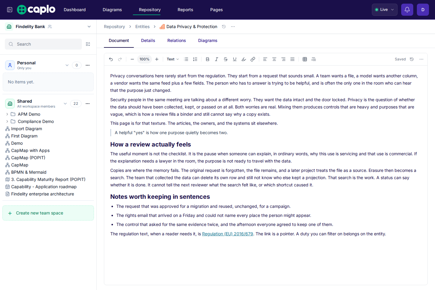 Data Privacy &amp; Protection document, with a heading, a list, and the formatting toolbar