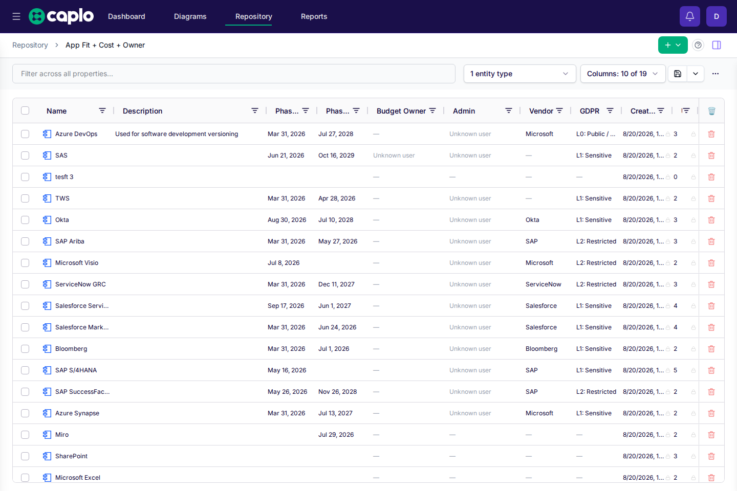 Repository view with a saved marketing application filter