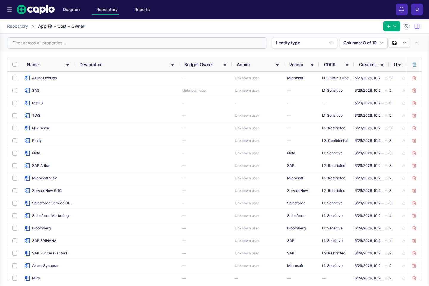 Repository view with a saved marketing application filter