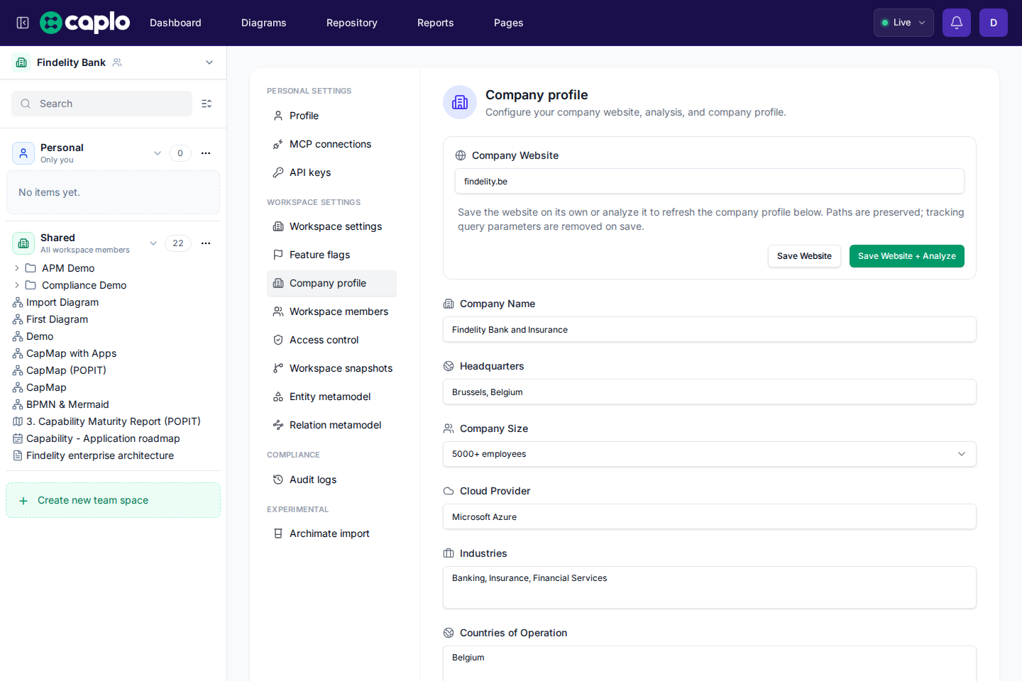 Company profile settings page in Caplo