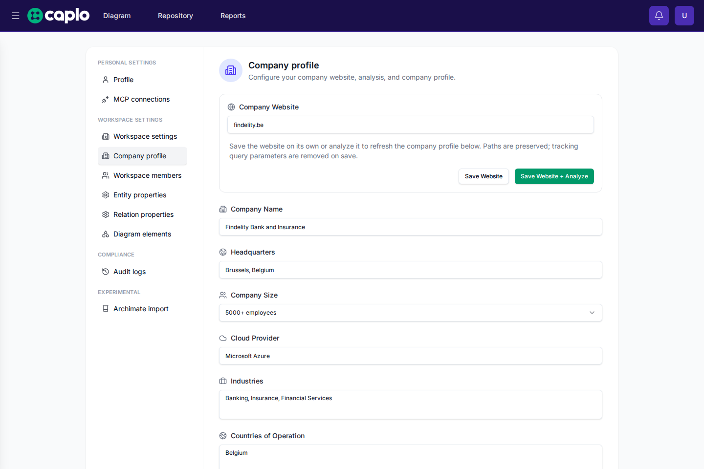 Company profile settings page in Caplo
