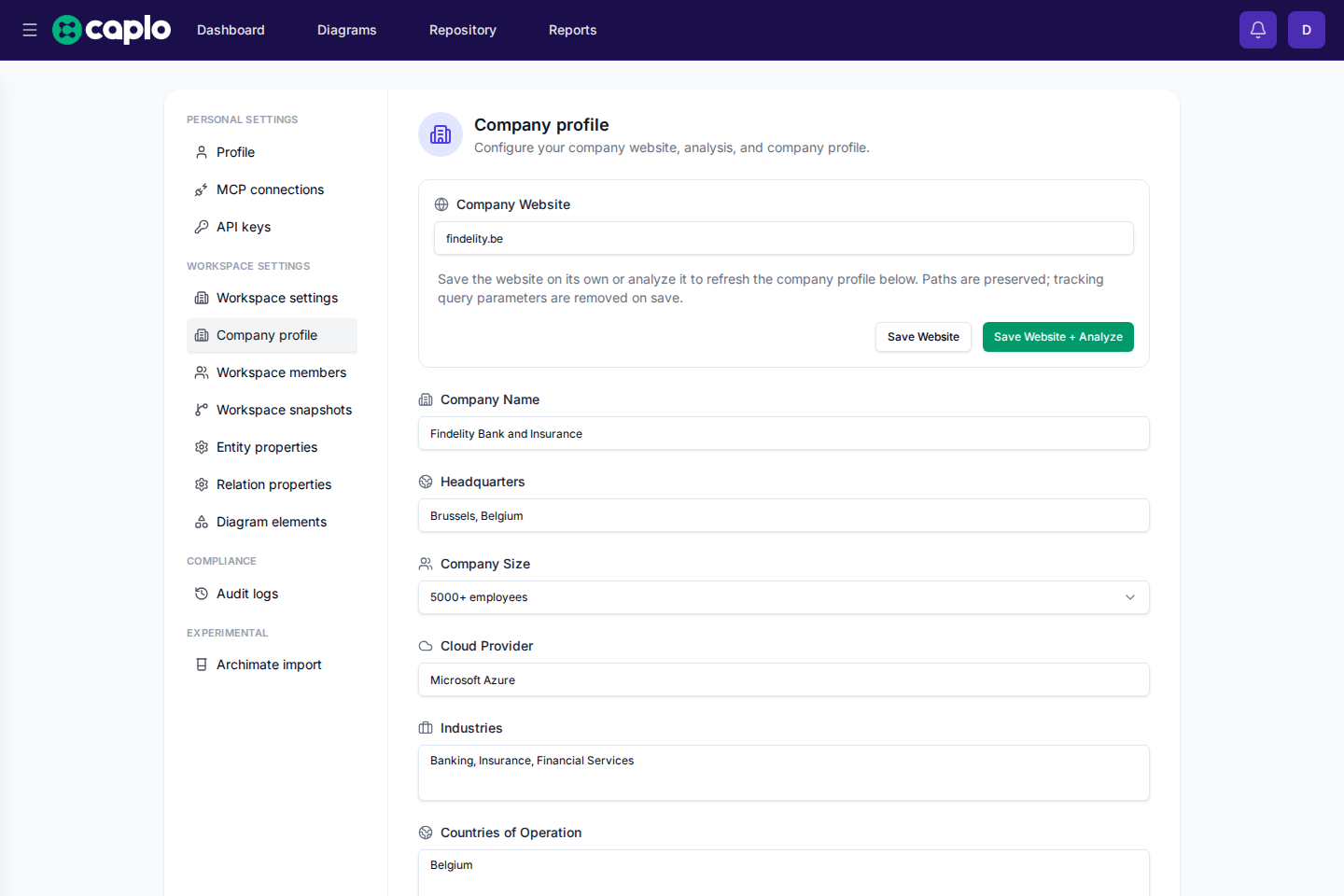 Company profile settings page in Caplo