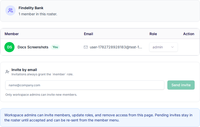 Workspace members settings showing the roster, roles, and invite-by-email form