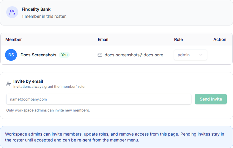 Workspace members settings showing the roster, roles, and invite-by-email form