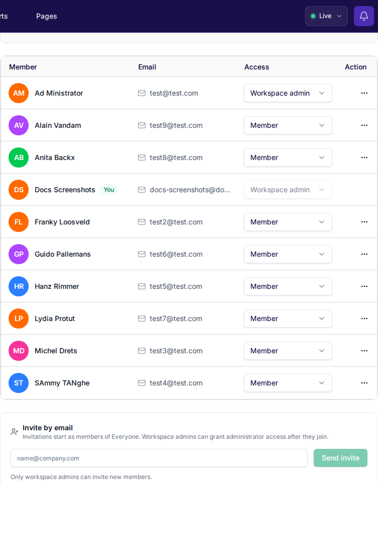 Workspace members settings showing the roster, admin vs member, and invite-by-email form