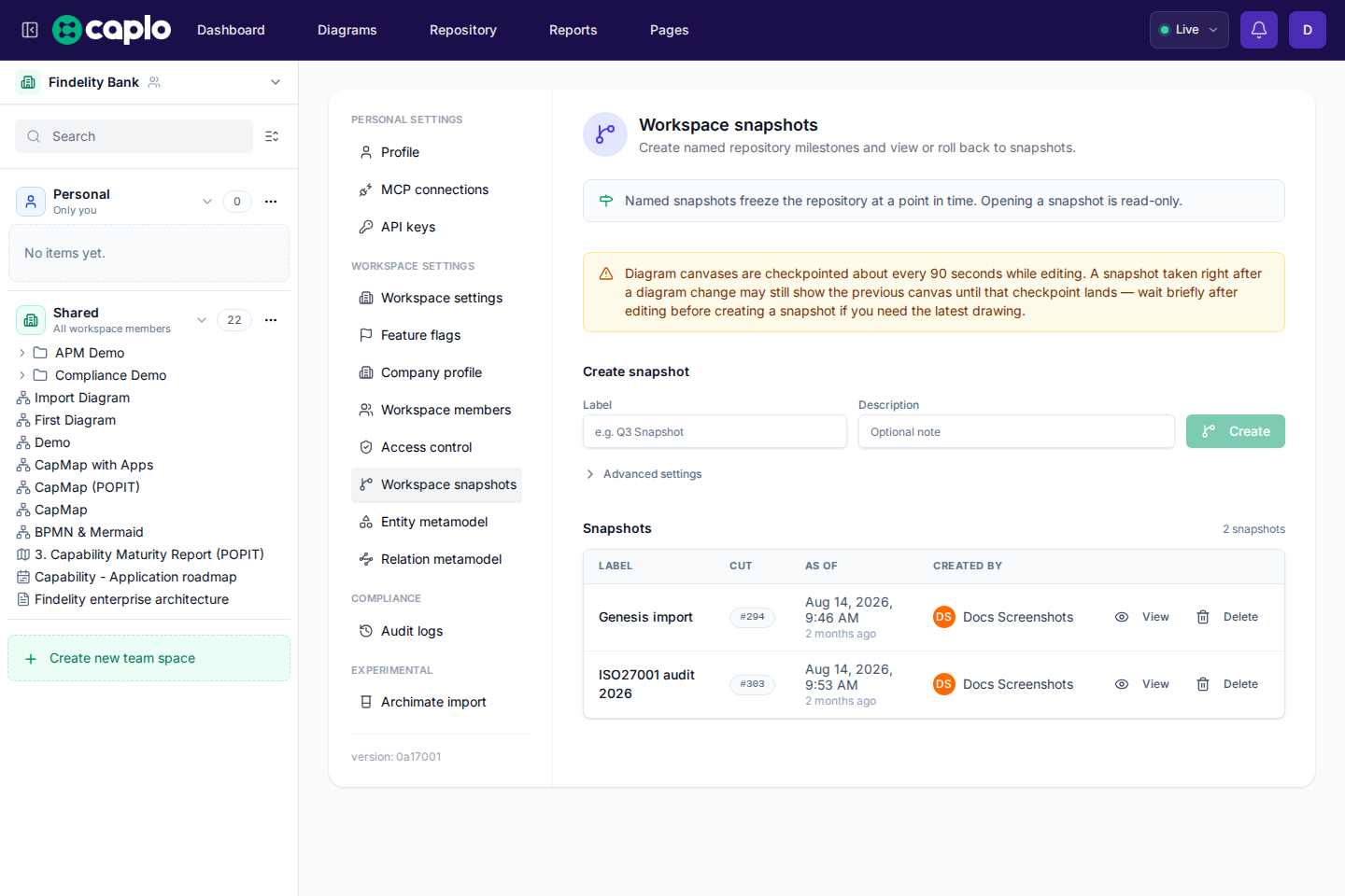 Workspace snapshots settings with the create form and a named snapshot